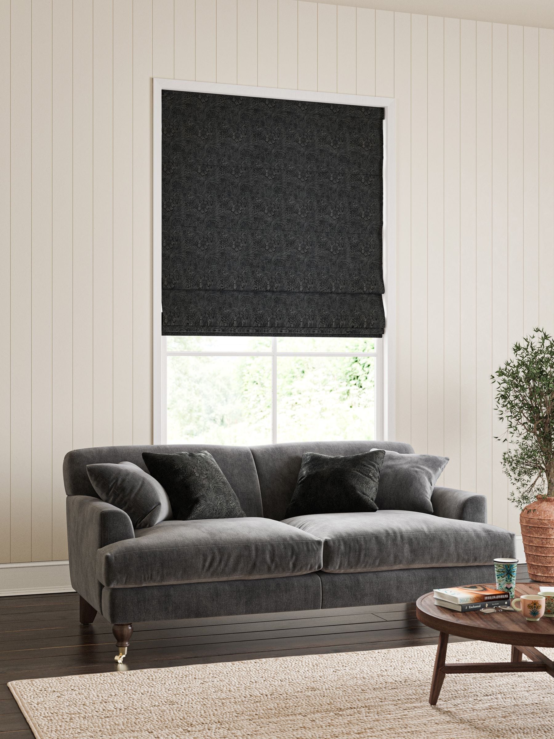 William Morris grey marigold velvet roman blind (British brand)