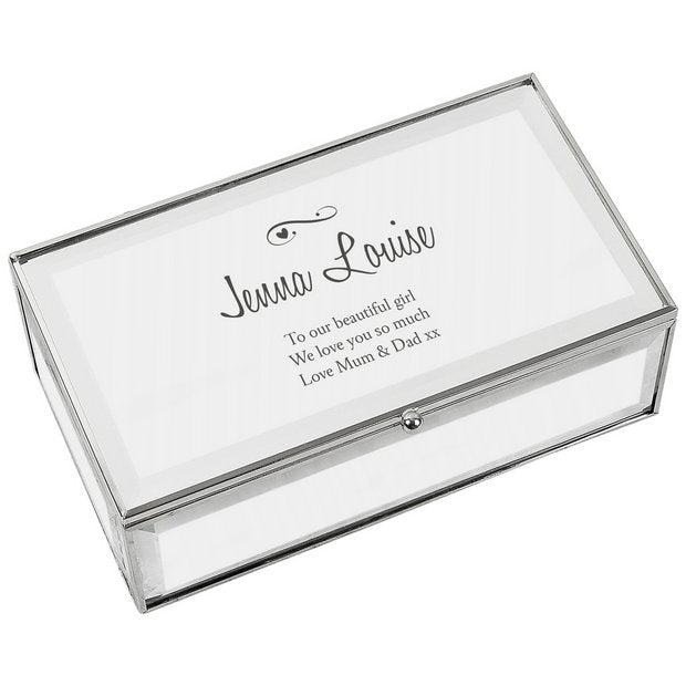 Personalised jewellery box with hearts and swirls design, mirrored glass, three compartments, UK version