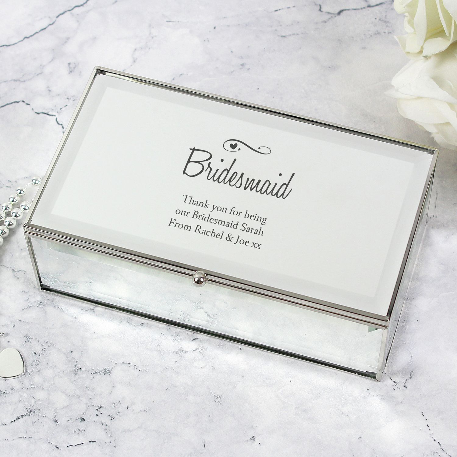 Personalised jewellery box with hearts and swirls design, mirrored glass, three compartments, UK version