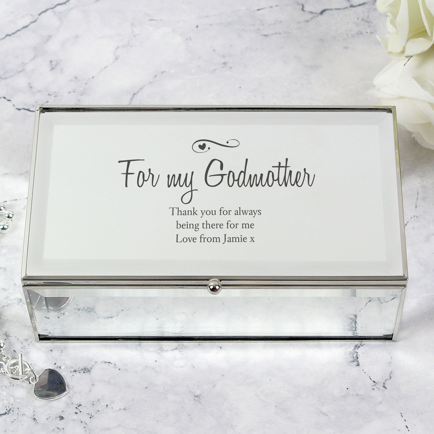 Personalised jewellery box with hearts and swirls design, mirrored glass, three compartments, UK version