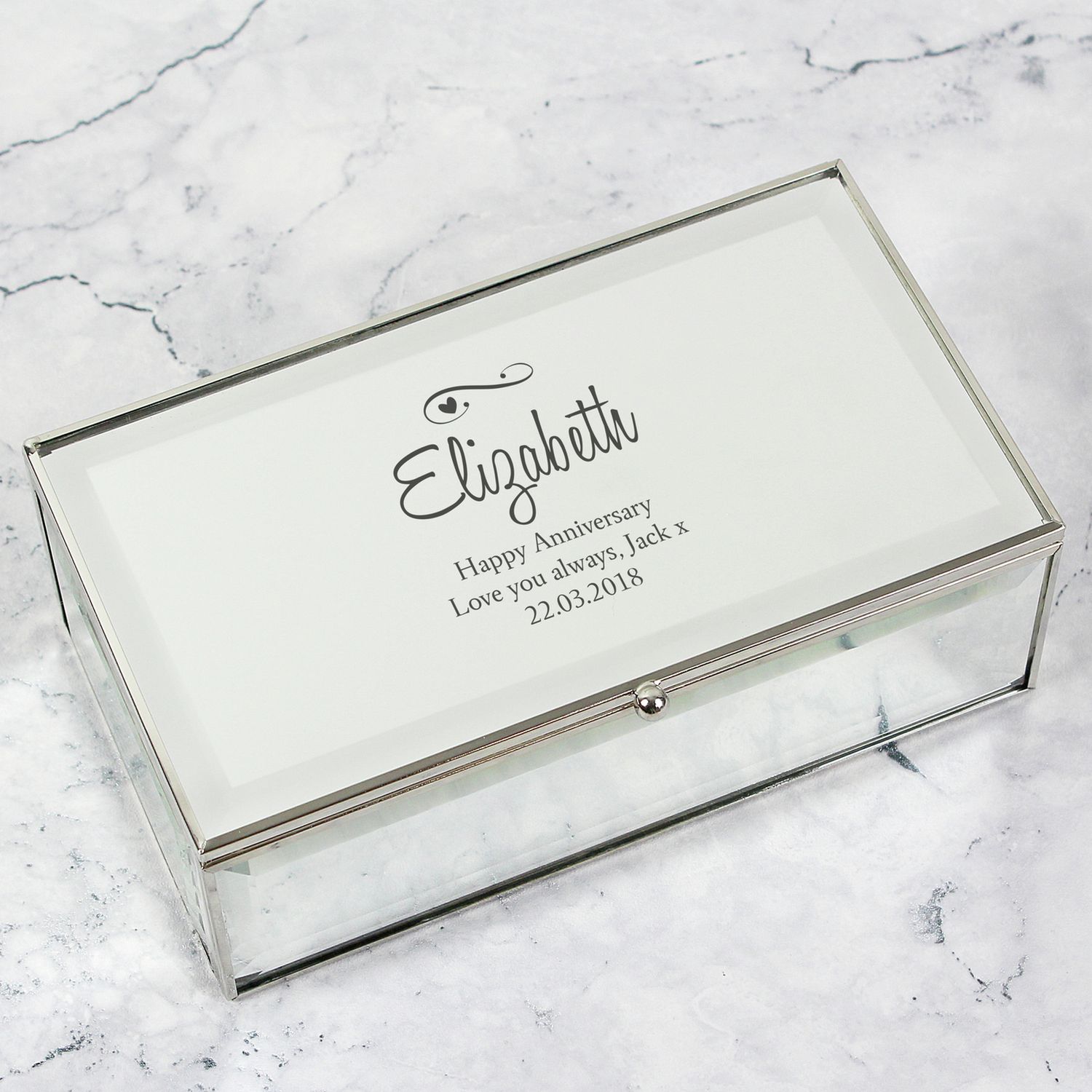 Personalised jewellery box with hearts and swirls design, mirrored glass, three compartments, UK version