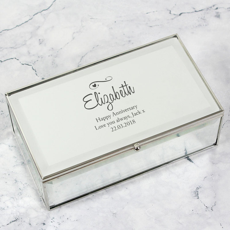 Personalised jewellery box with hearts and swirls design, mirrored glass, three compartments, UK version