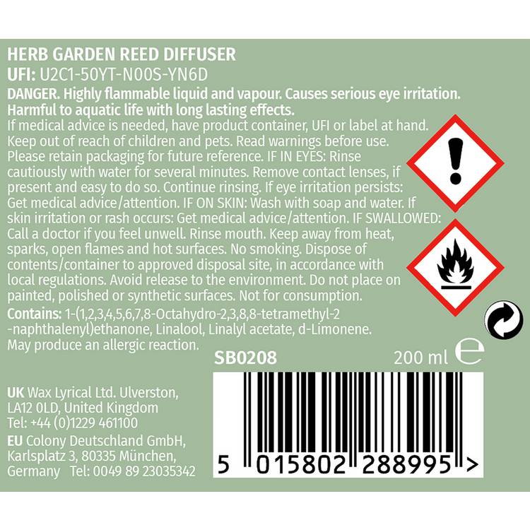 Wax Lyrical Herb Garden reed diffuser 200ml (British brand)