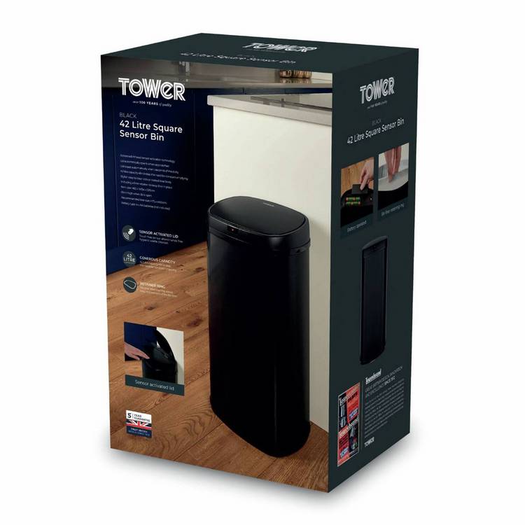 Tower black sensor bin 42 litre, UK version