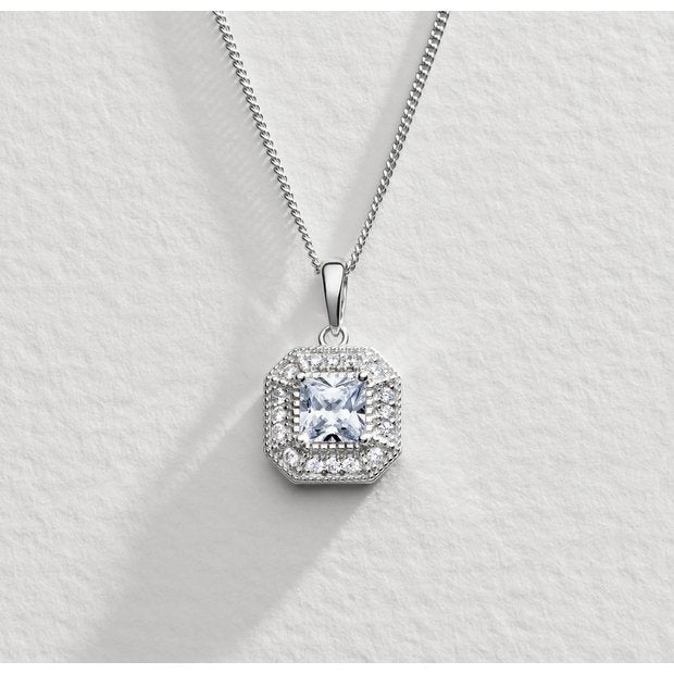 Revere square halo pendant necklace sterling silver, imported from the UK