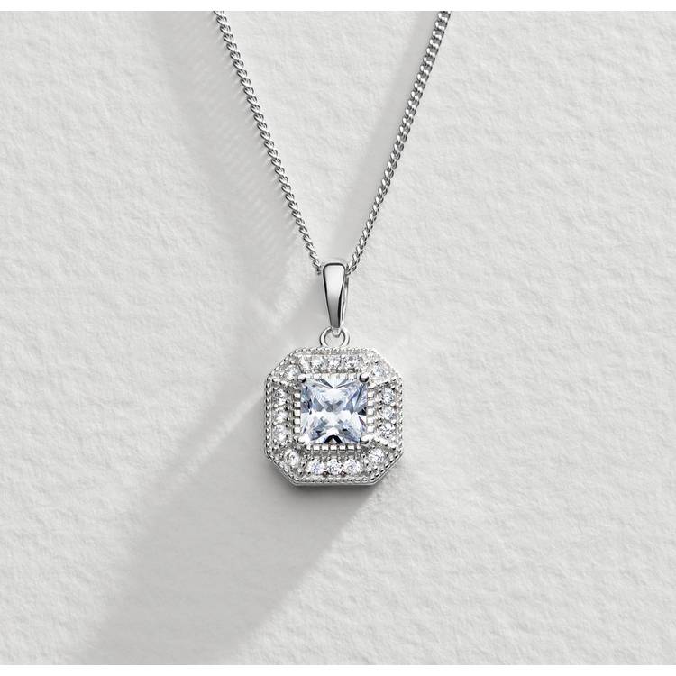 Revere square halo pendant necklace sterling silver, imported from the UK