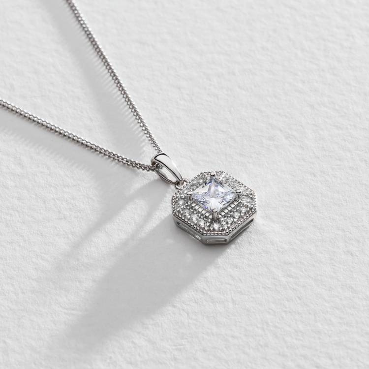Revere square halo pendant necklace sterling silver, imported from the UK