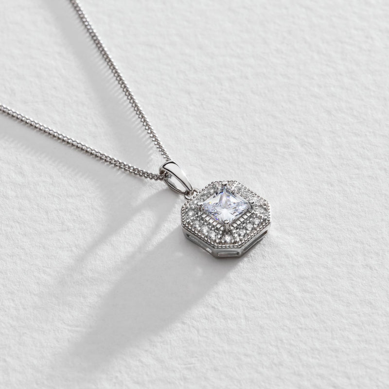 Revere square halo pendant necklace sterling silver, imported from the UK