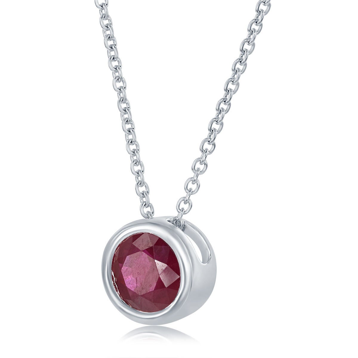 14ct white gold round cut ruby pendant July birthstone, UK version