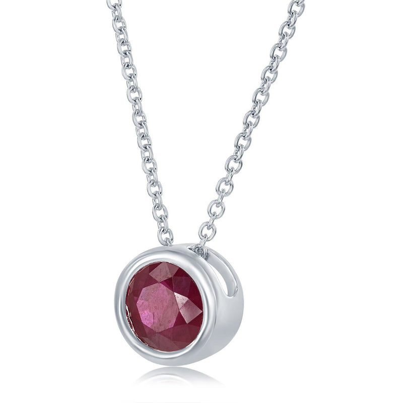 14ct white gold round cut ruby pendant July birthstone, UK version