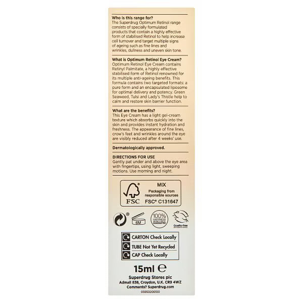 Optimum retinol eye cream 15ml, imported from the UK