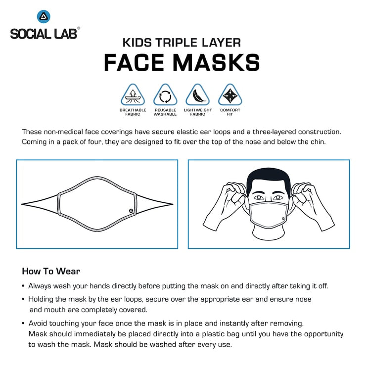 Social Lab triple layer reusable kids face masks 4 pack (British brand)