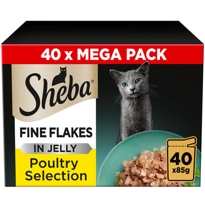 ASDA Sheba Fine Flakes Adult Wet Cat Food Poultry Selection in Jelly 40 x 85g Pouches- Buy online at McGrocer