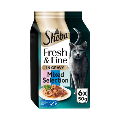 ASDA Sheba Fresh & Fine Adult Wet Cat Food Salmon, Tuna & Trout in Gravy 6 x 50g Pouches- Buy online at McGrocer