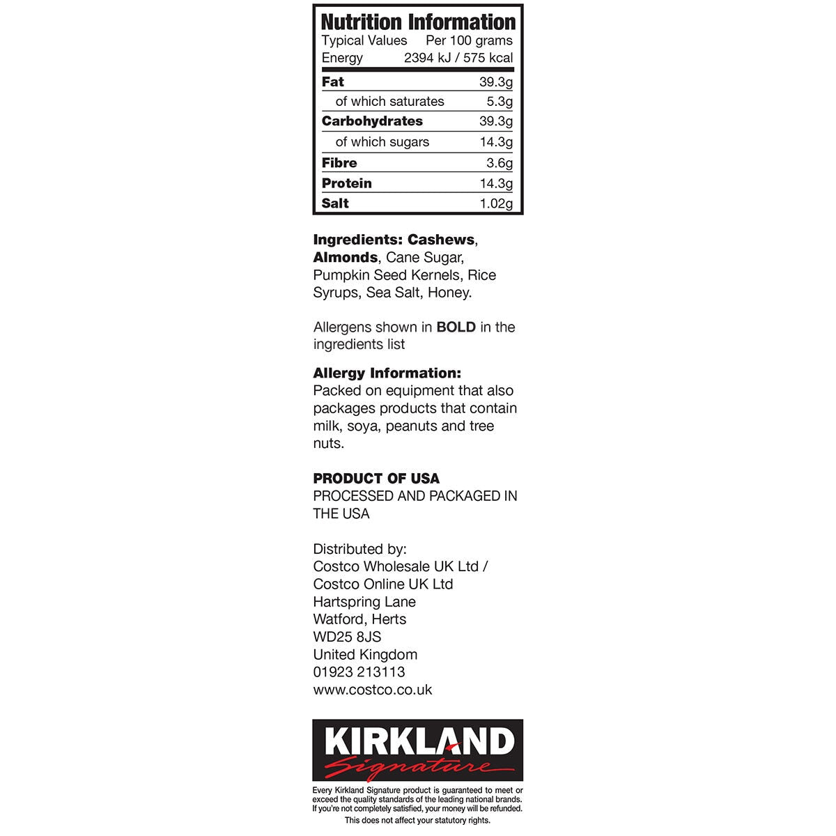 Kirkland Signature Cashewnøddeklaser med mandler og græskarkerner 907 g, britisk version