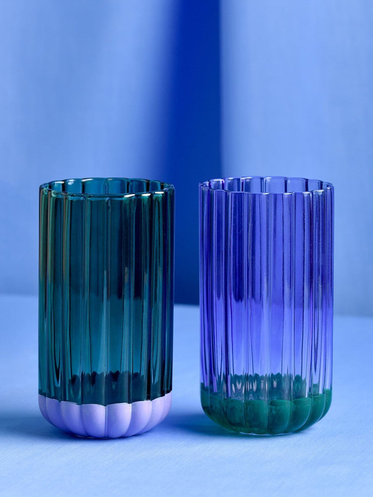 Widdop ribbed tumbler glasses in teal and purple (British brand)