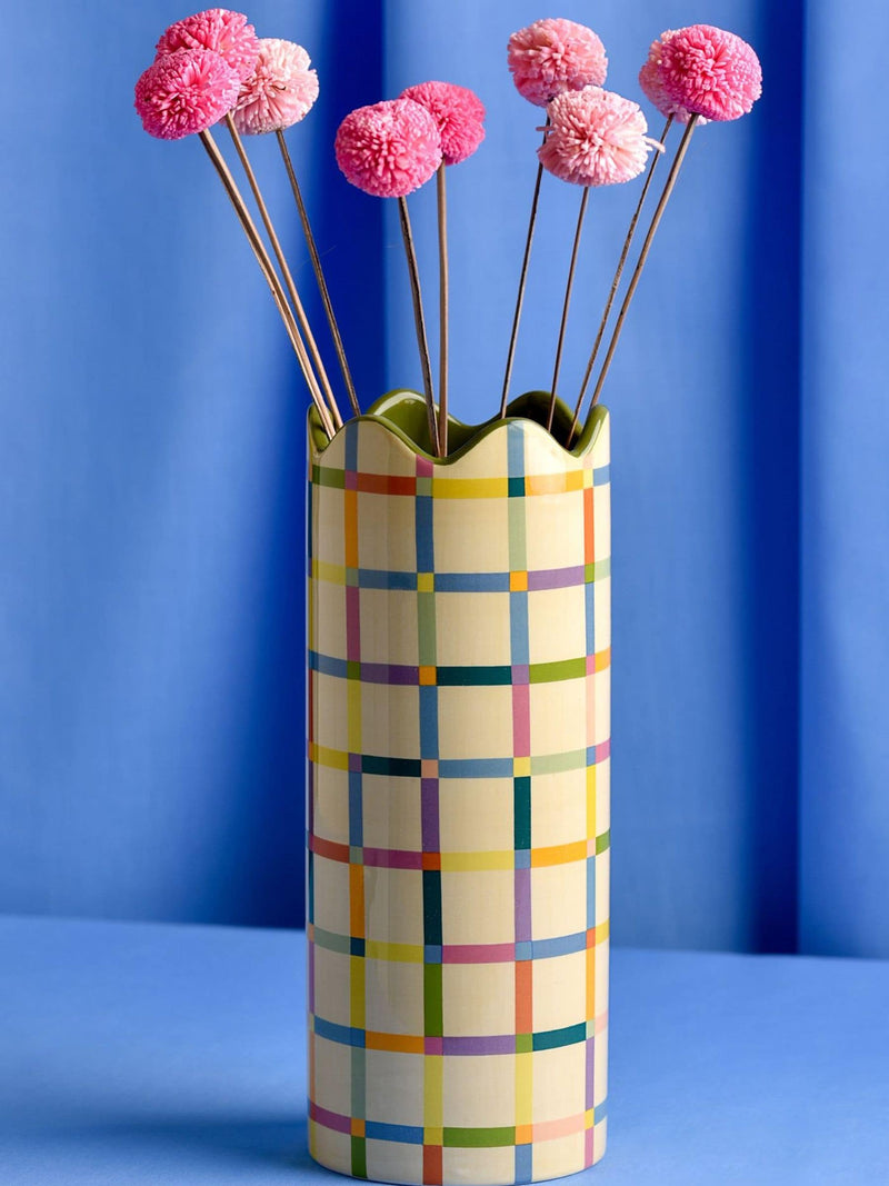 Widdop ceramic vase multicoloured check pattern - British product