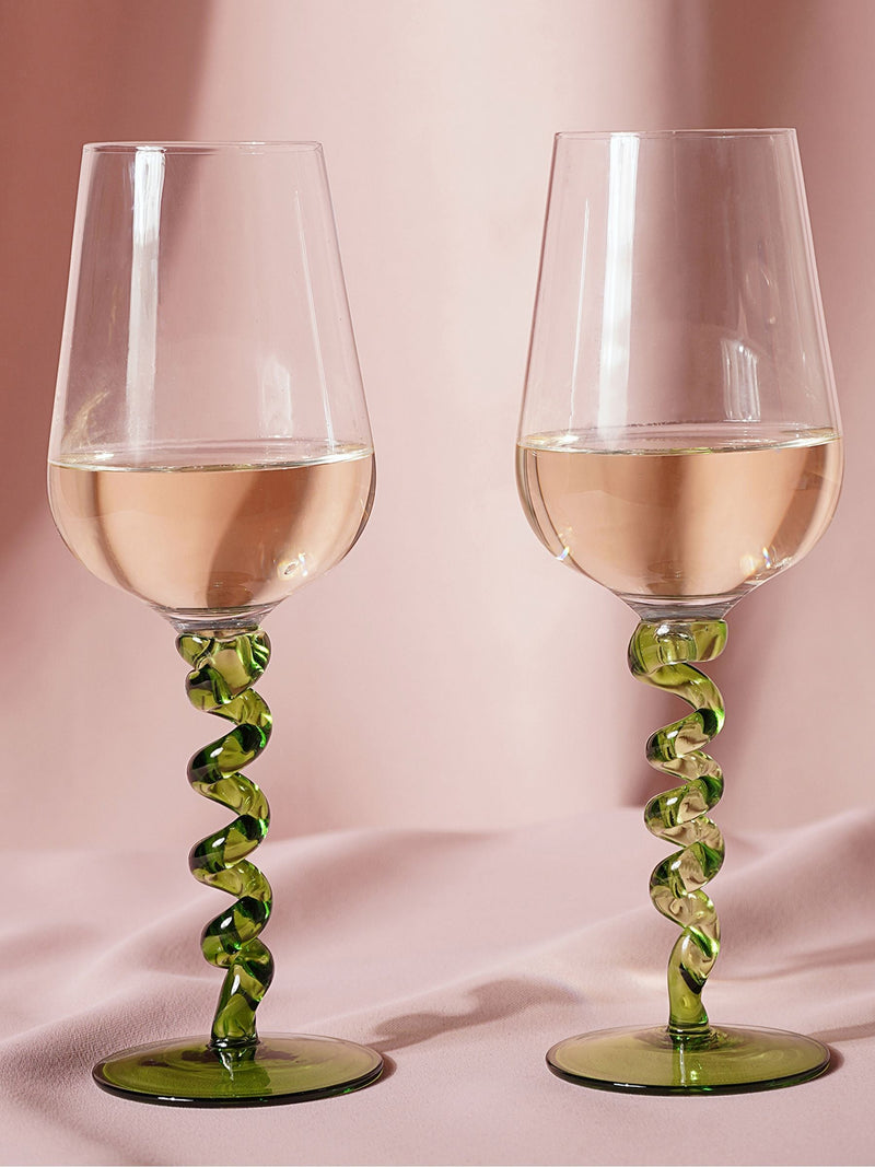 Widdop wine glasses green twisted stems pair, UK version