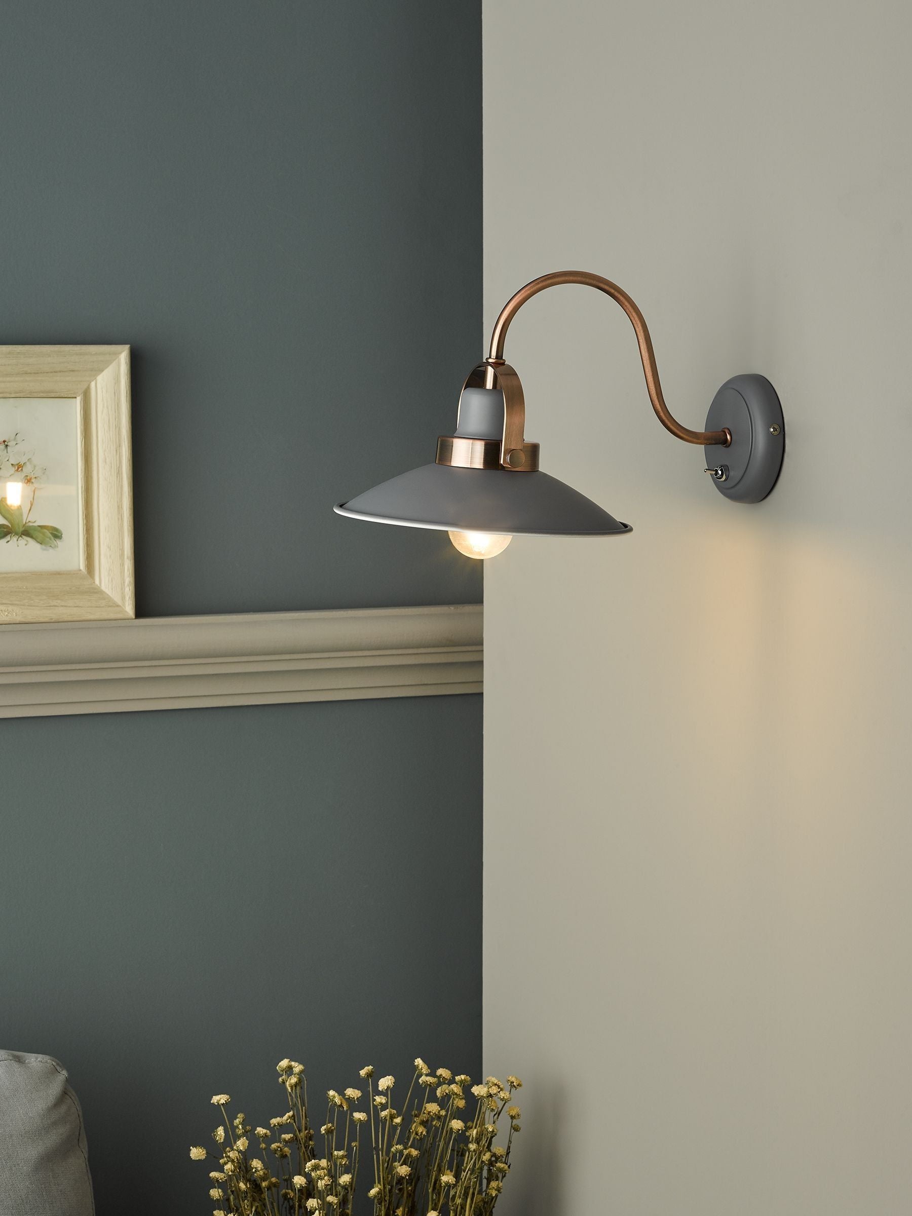 Dar Lighting Liden grey wall light with copper detailing - (British brand)