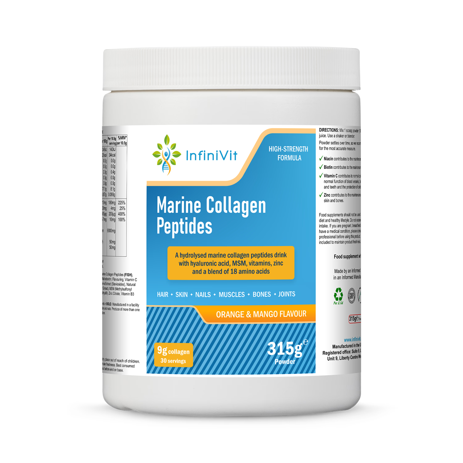 InfiniVit marine collagen peptides orange mango 315g (British brand)