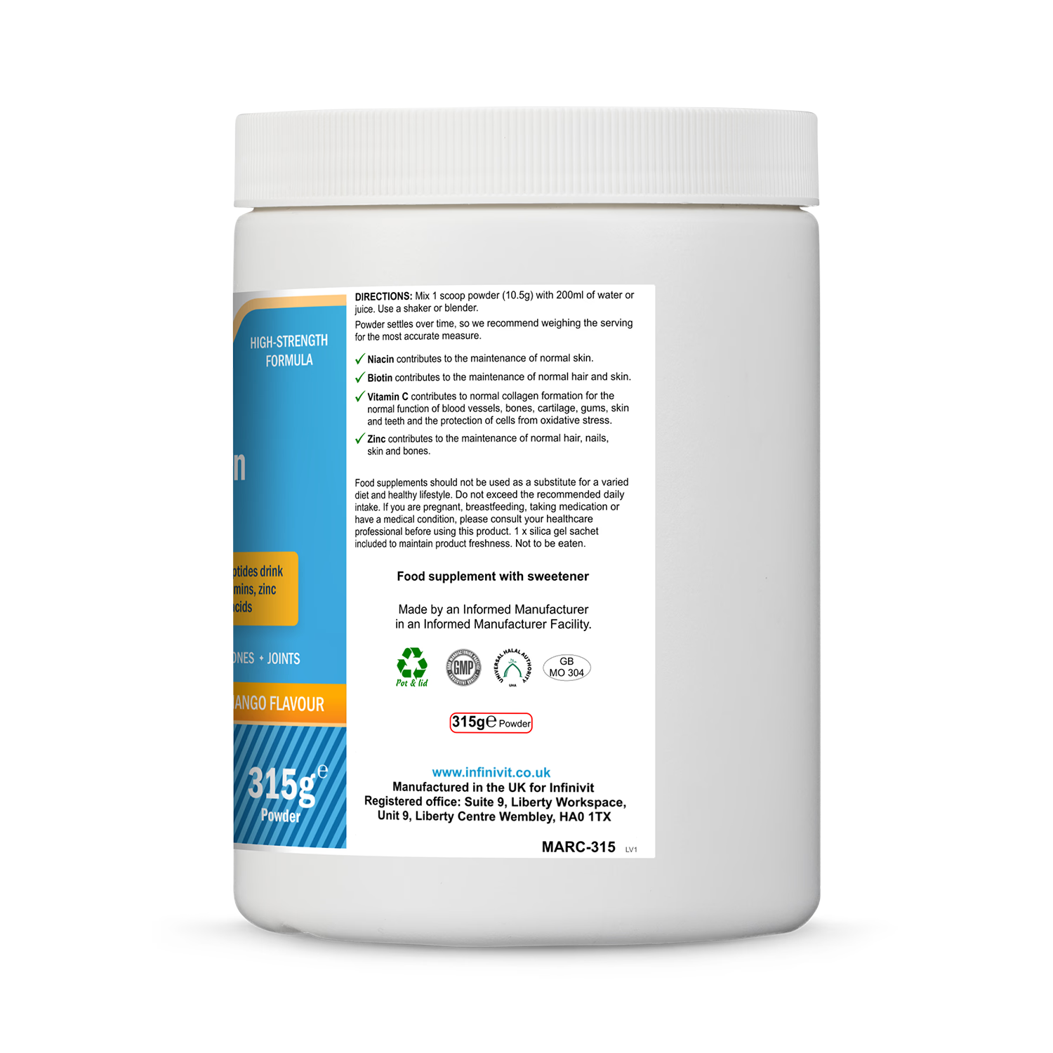 InfiniVit marine collagen peptides orange mango 315g (British brand)
