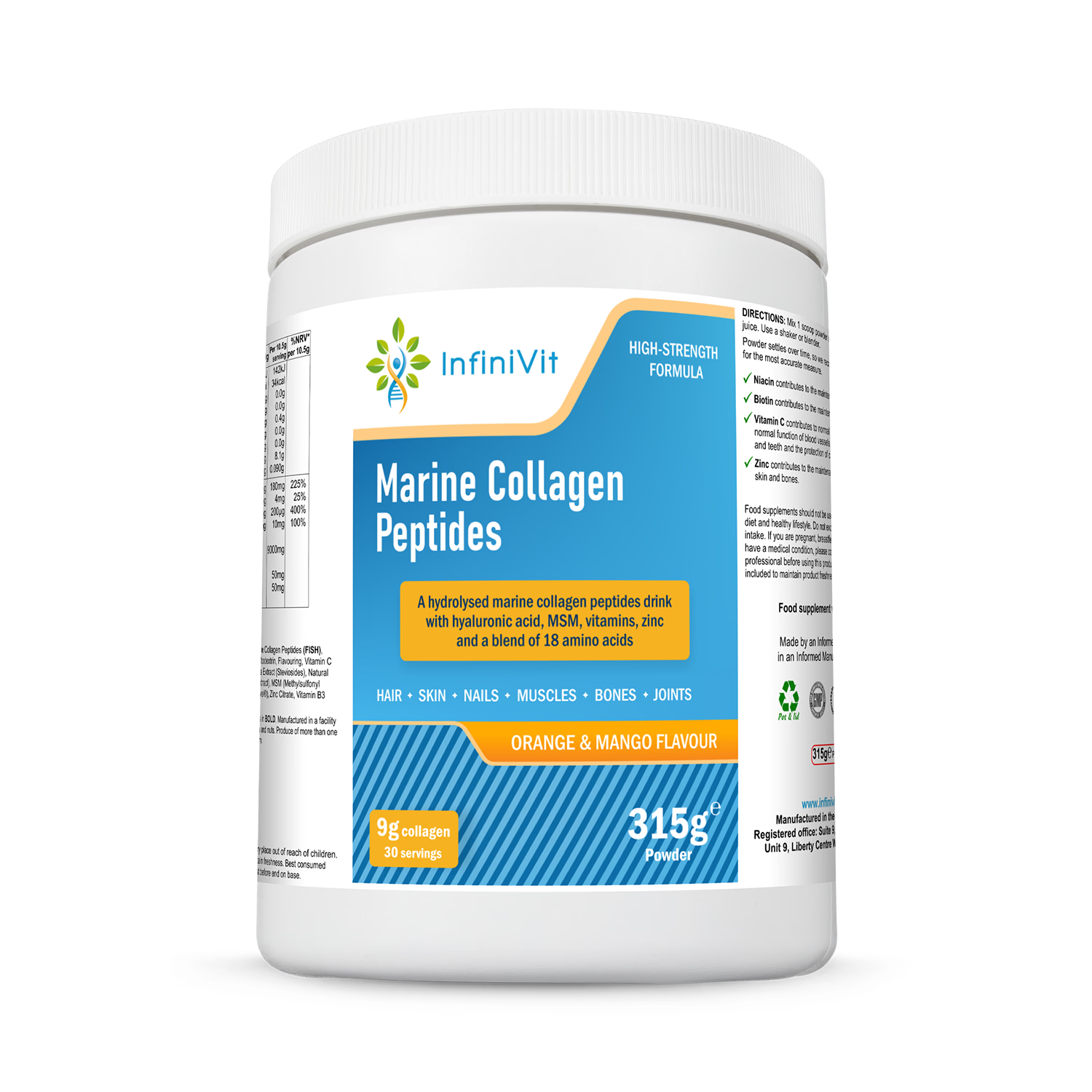 InfiniVit marine collagen peptides orange mango 315g (British brand)