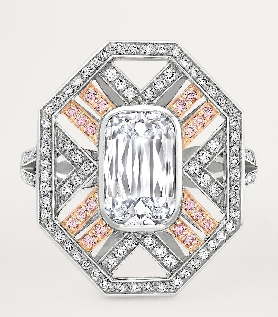 Boodles Ashoka diamond platinum ring with pink diamonds (British brand)