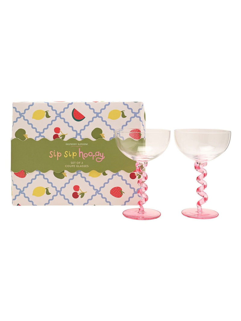 Widdop pink twisted stem coupe glasses, UK version