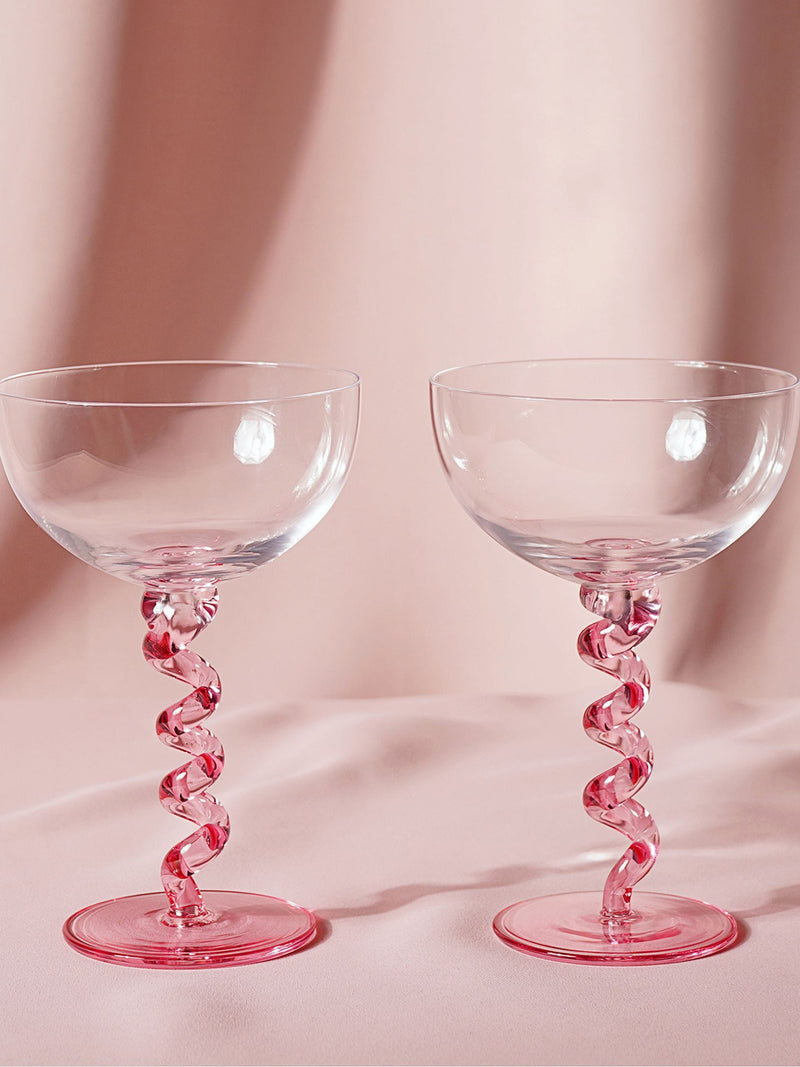 Widdop pink twisted stem coupe glasses, UK version