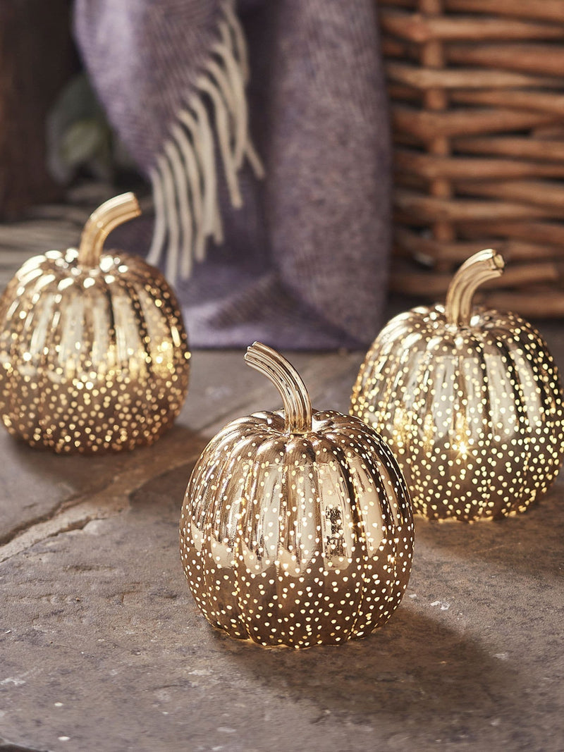 Lights4fun brass mottled light up glass pumpkin trio, UK version