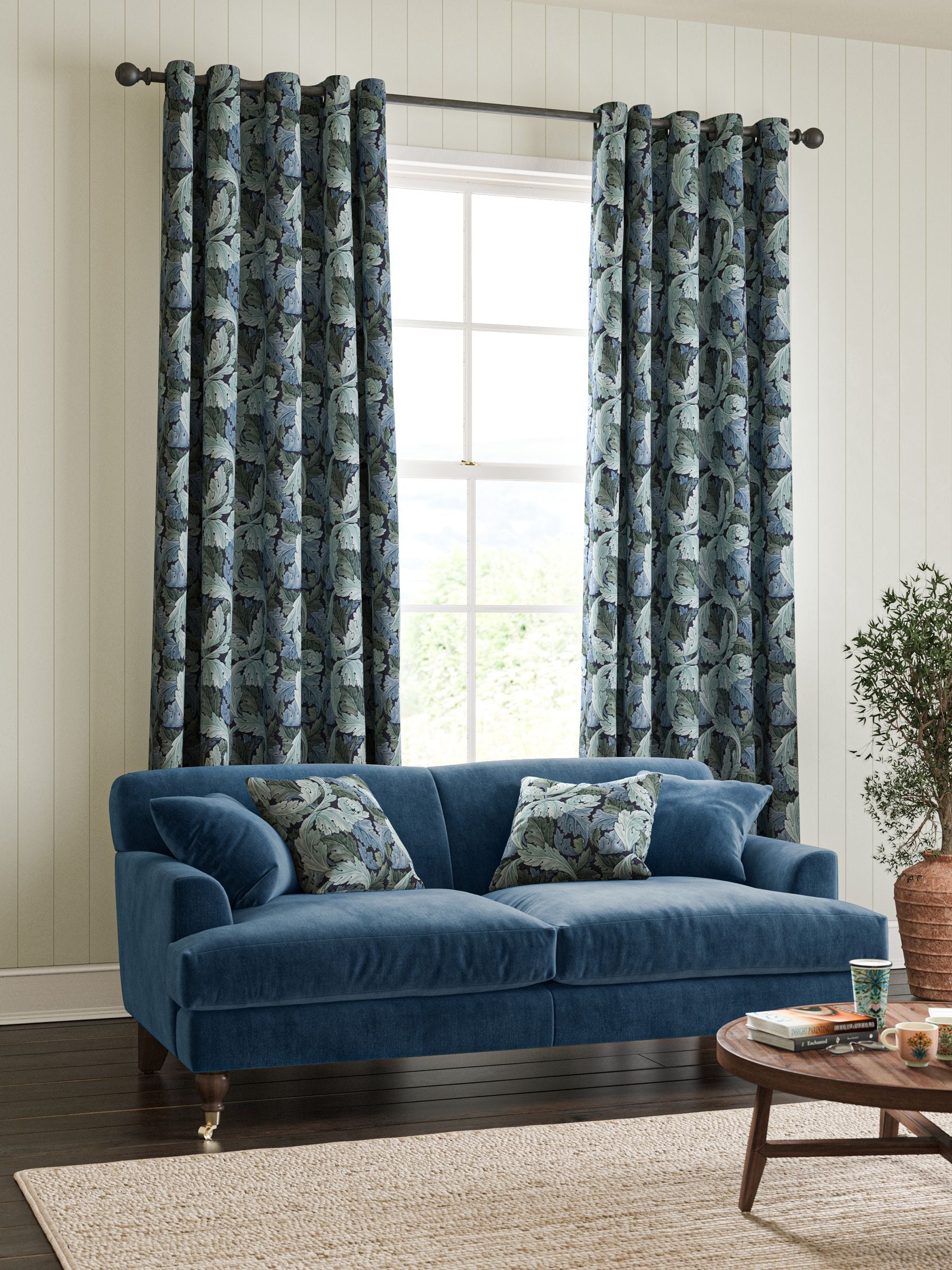 William Morris Acanthus indigo blue curtains, imported from the UK