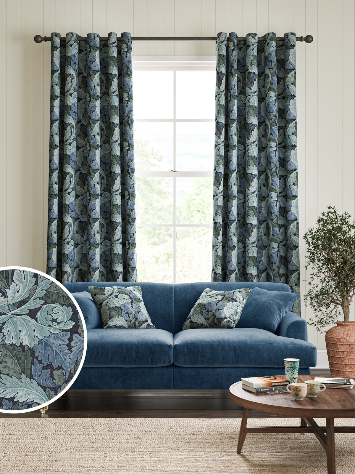 William Morris Acanthus indigo blue curtains, imported from the UK