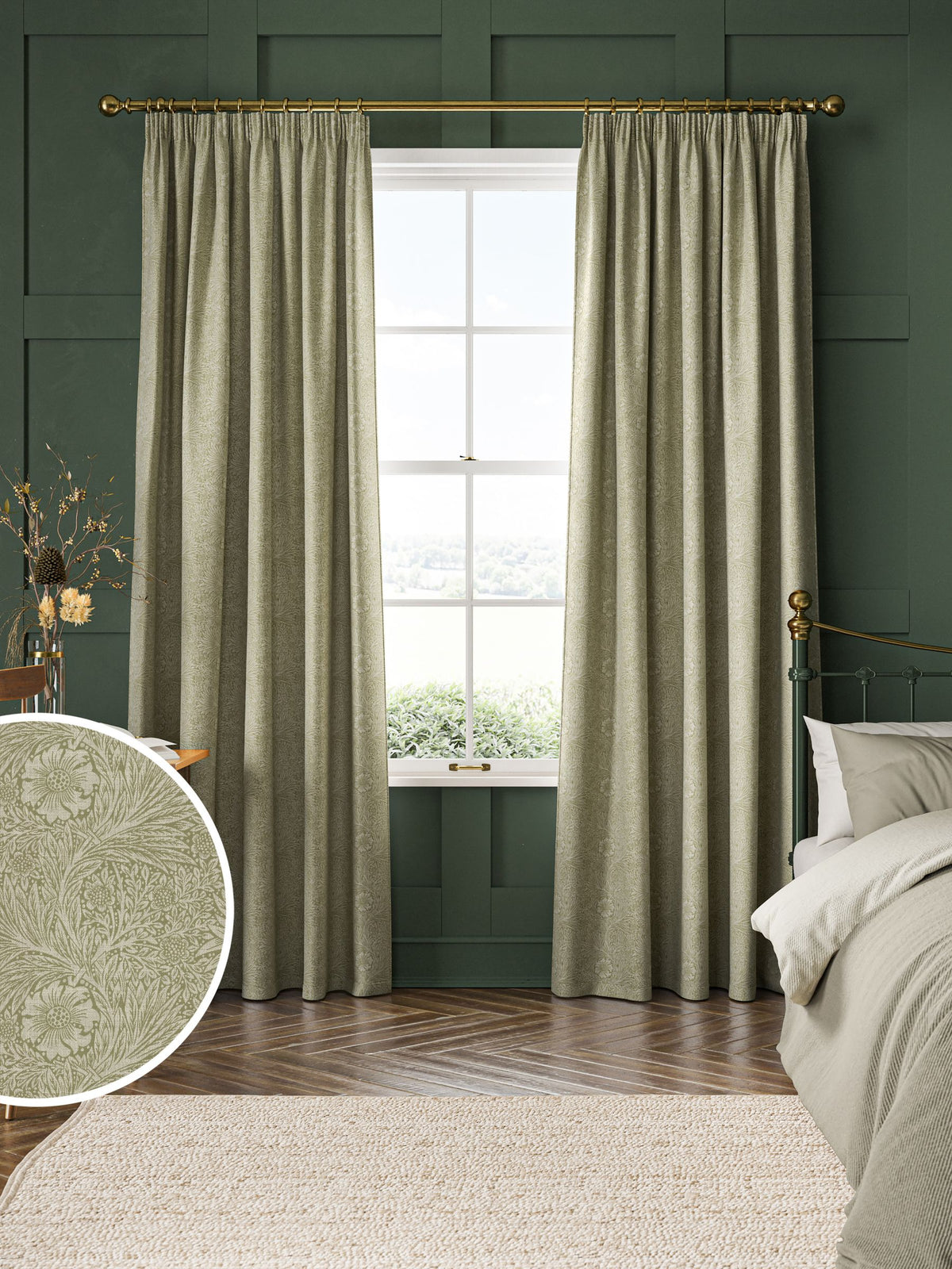 William Morris At Home Nettle Green Marigold curtains - British product