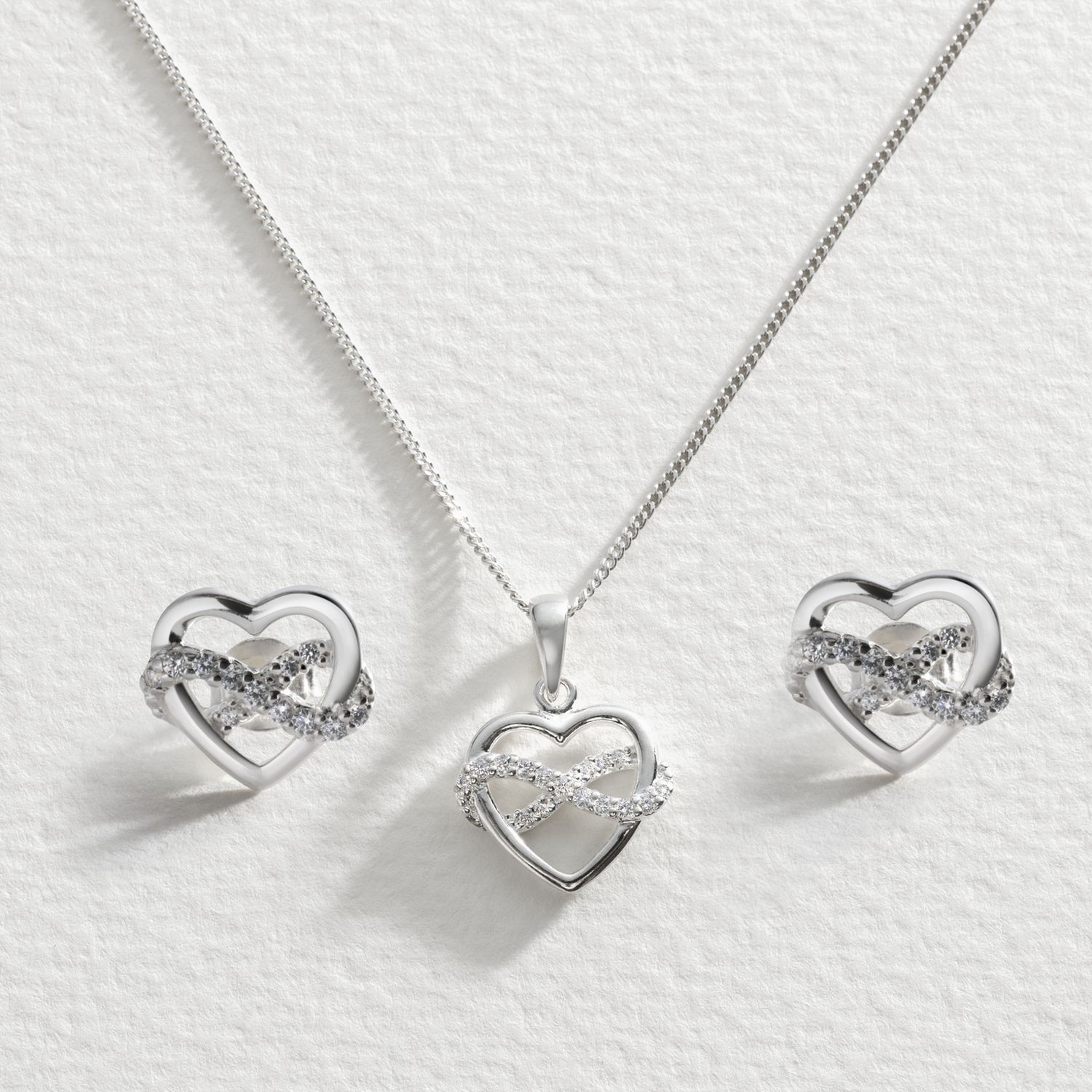 Revere silver cubic zirconia heart pendant and earrings set, imported from the UK