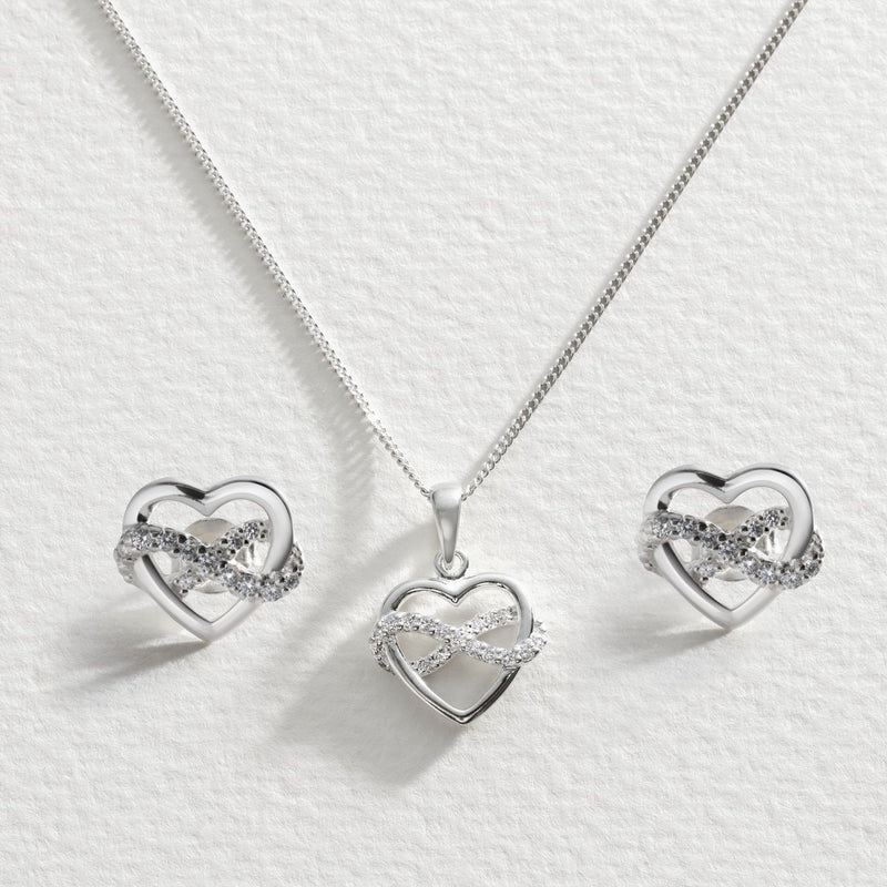 Revere silver cubic zirconia heart pendant and earrings set, imported from the UK