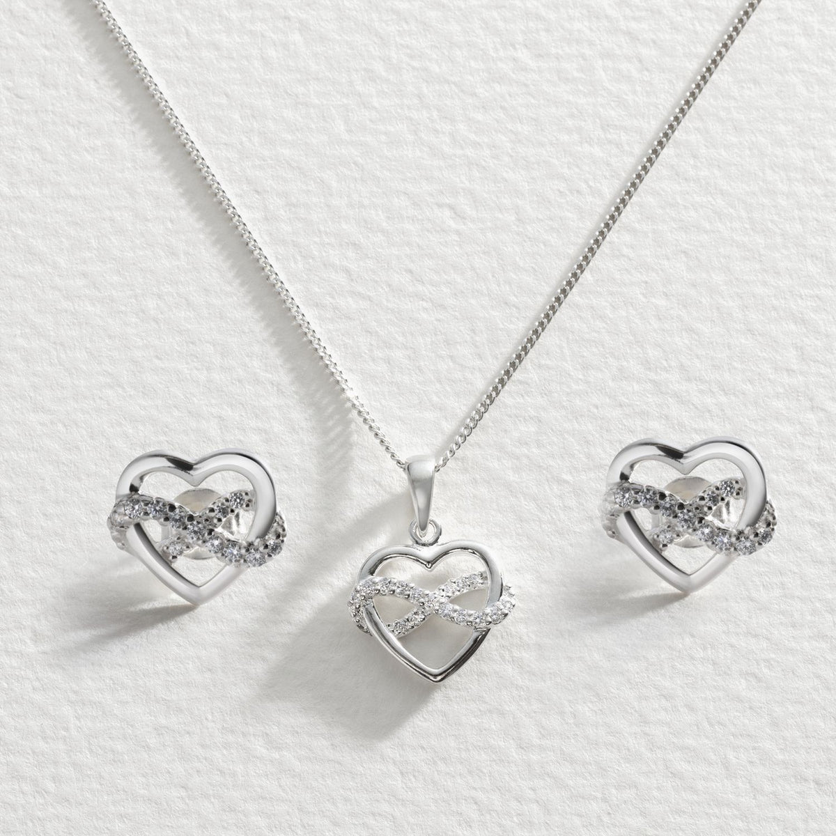 Revere silver cubic zirconia heart pendant and earrings set, imported from the UK