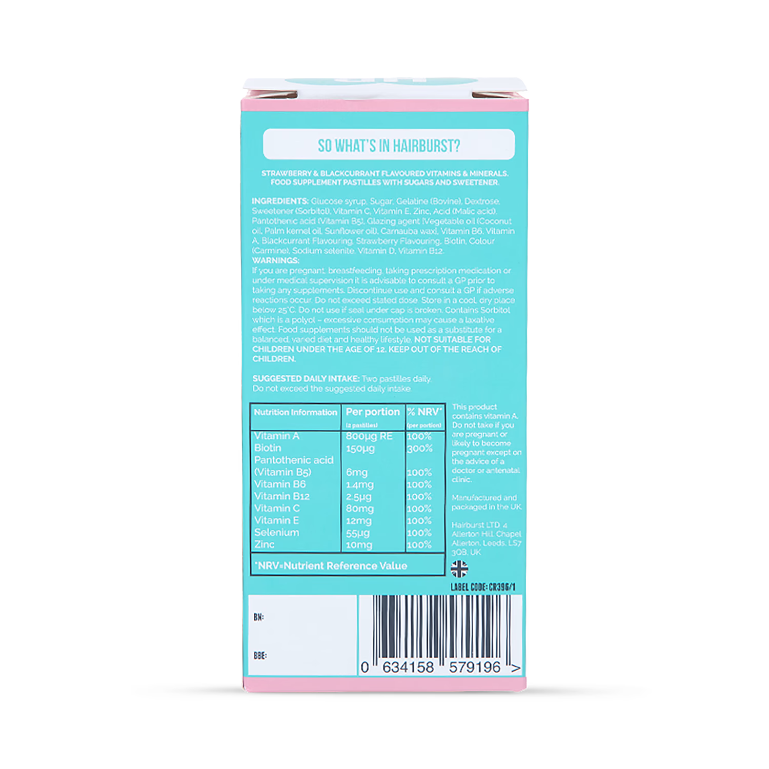 Hairburst Chewable Hair Vitamins Strawberry Blackcurrant 60 Pastilles, UK version