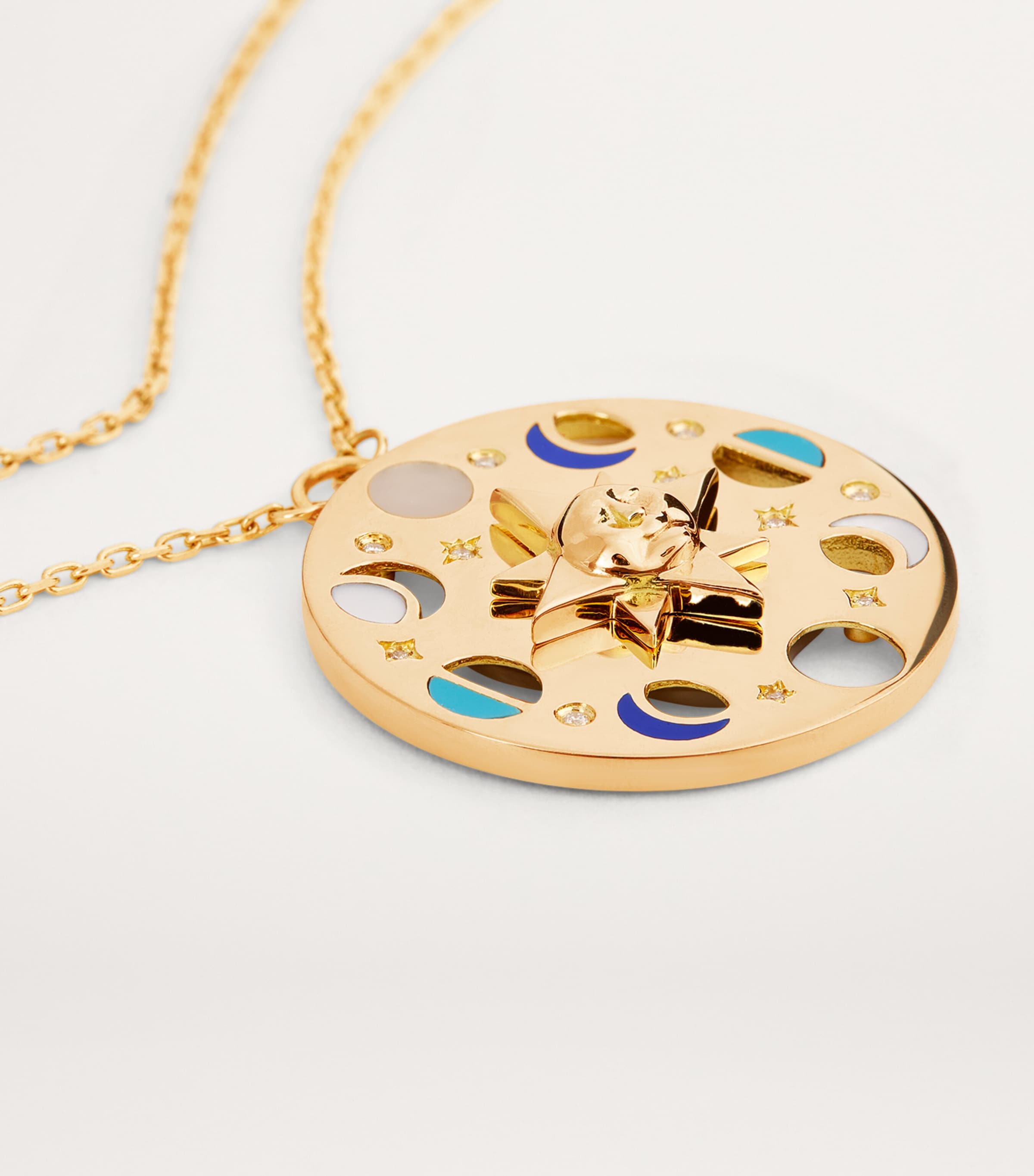 L'Atelier Nawbar yellow gold diamond lapis turquoise moon phase necklace, UK version