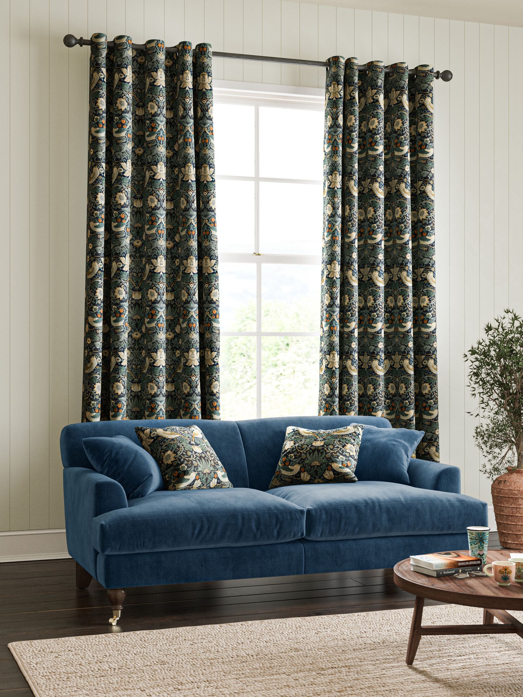 William Morris indigo blue Strawberry Thief velvet curtains made to measure (British brand)