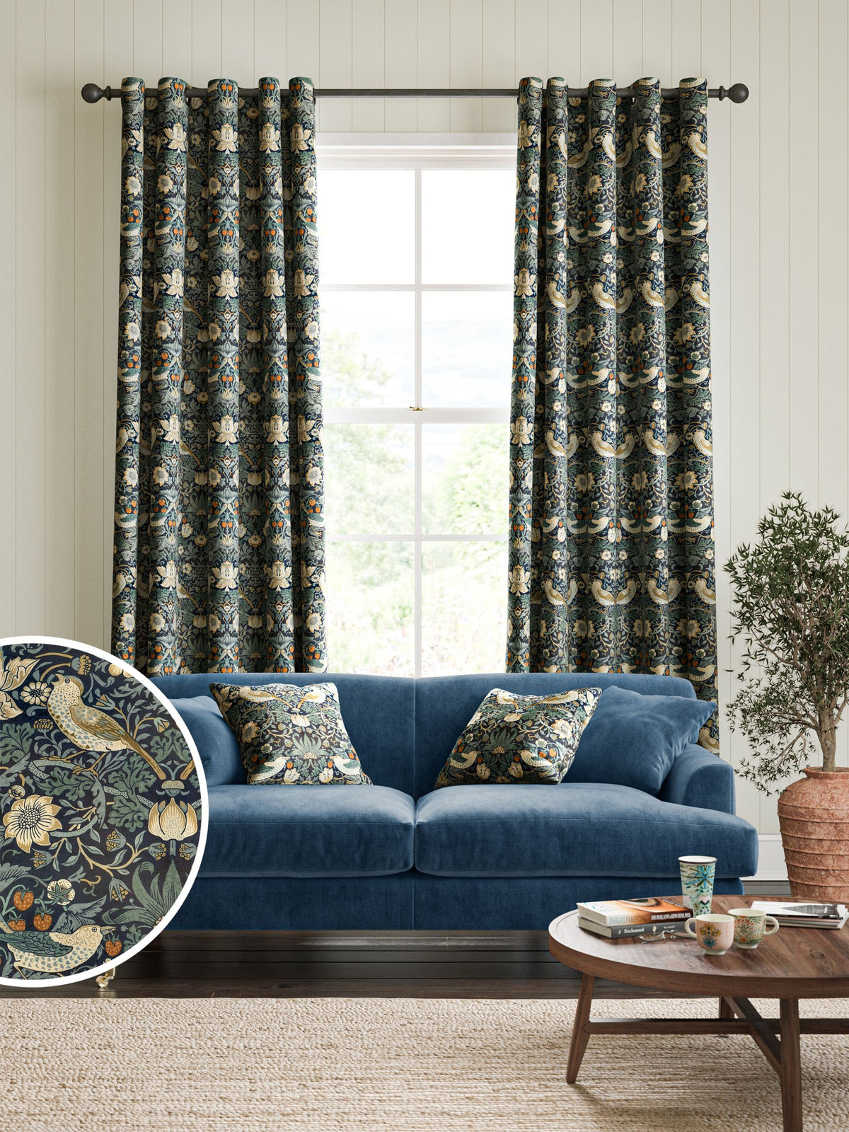 William Morris indigo blue Strawberry Thief velvet curtains made to measure (British brand)