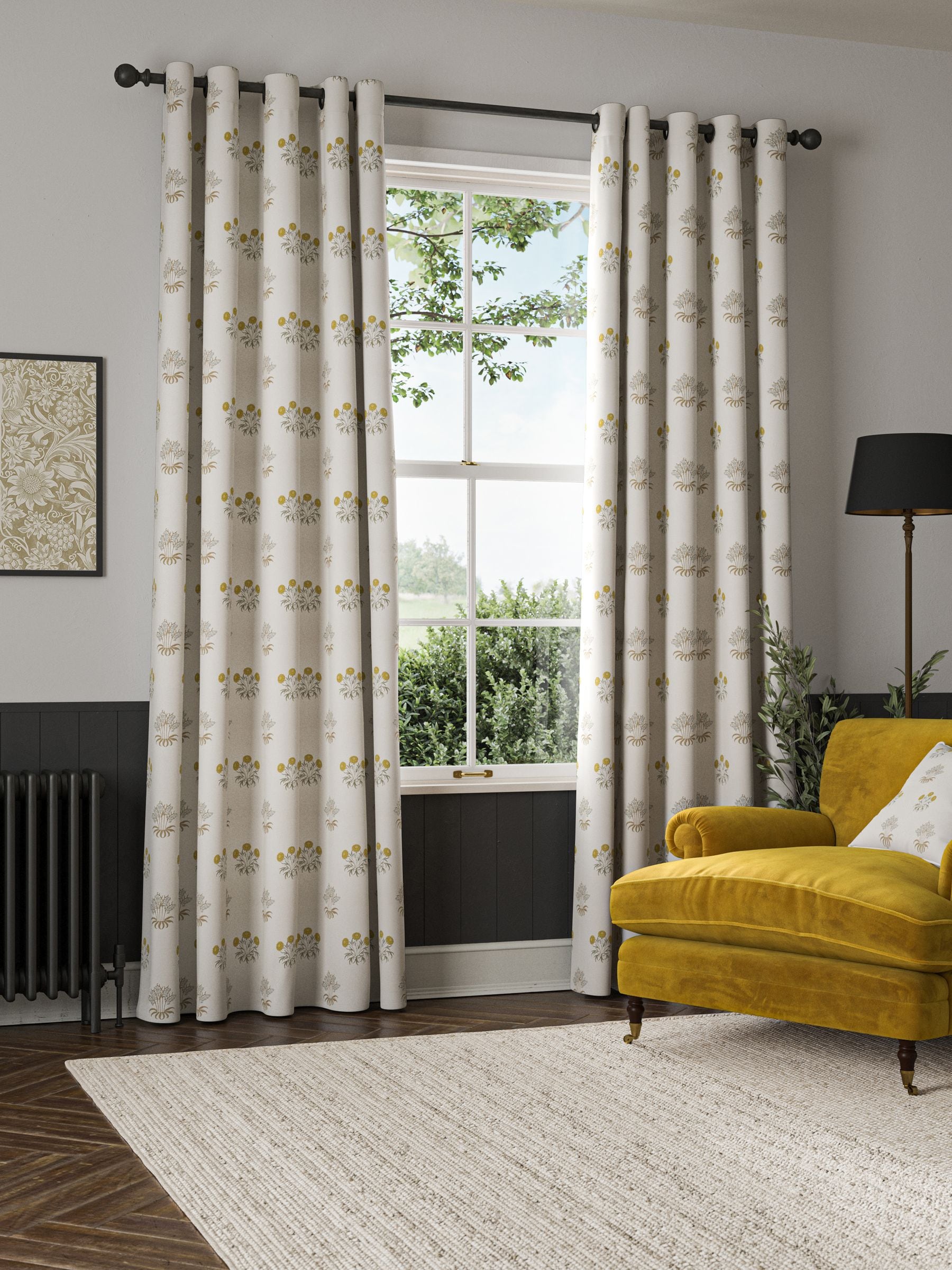 William Morris embroidered curtains with lily flower design, imported from the UK
