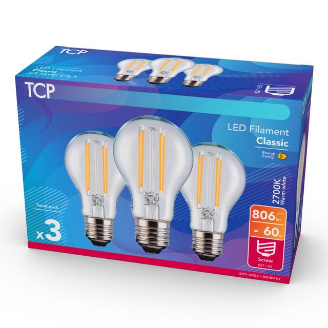 TCP Classic LED Clear Screw 60W Light Bulbs   3 per pack