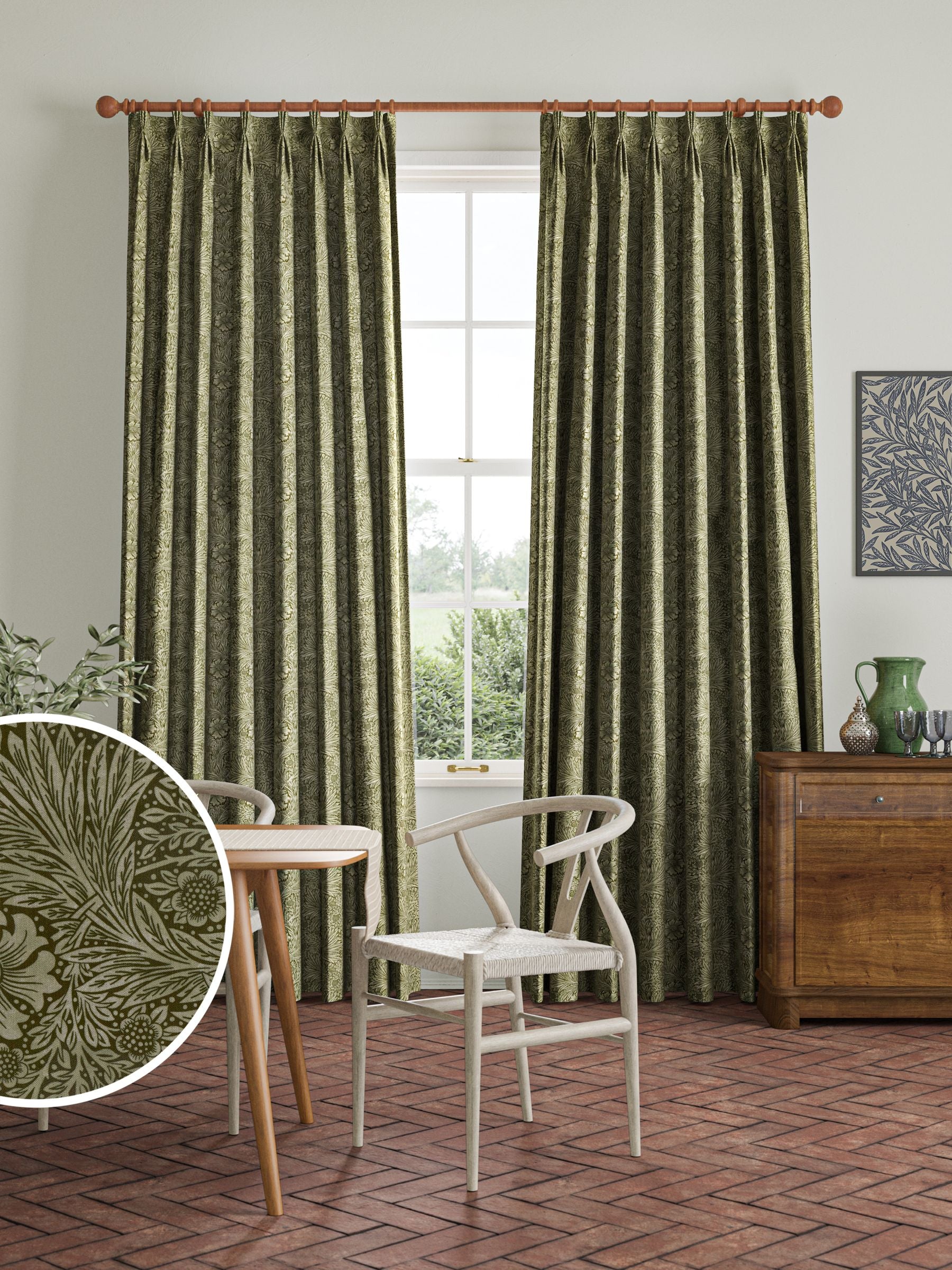 William Morris sage green velvet curtains, imported from the UK