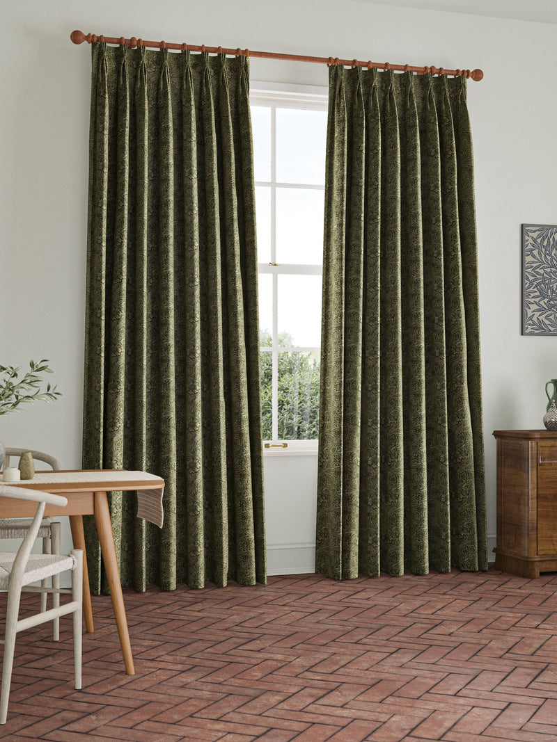 William Morris sage green velvet curtains, imported from the UK