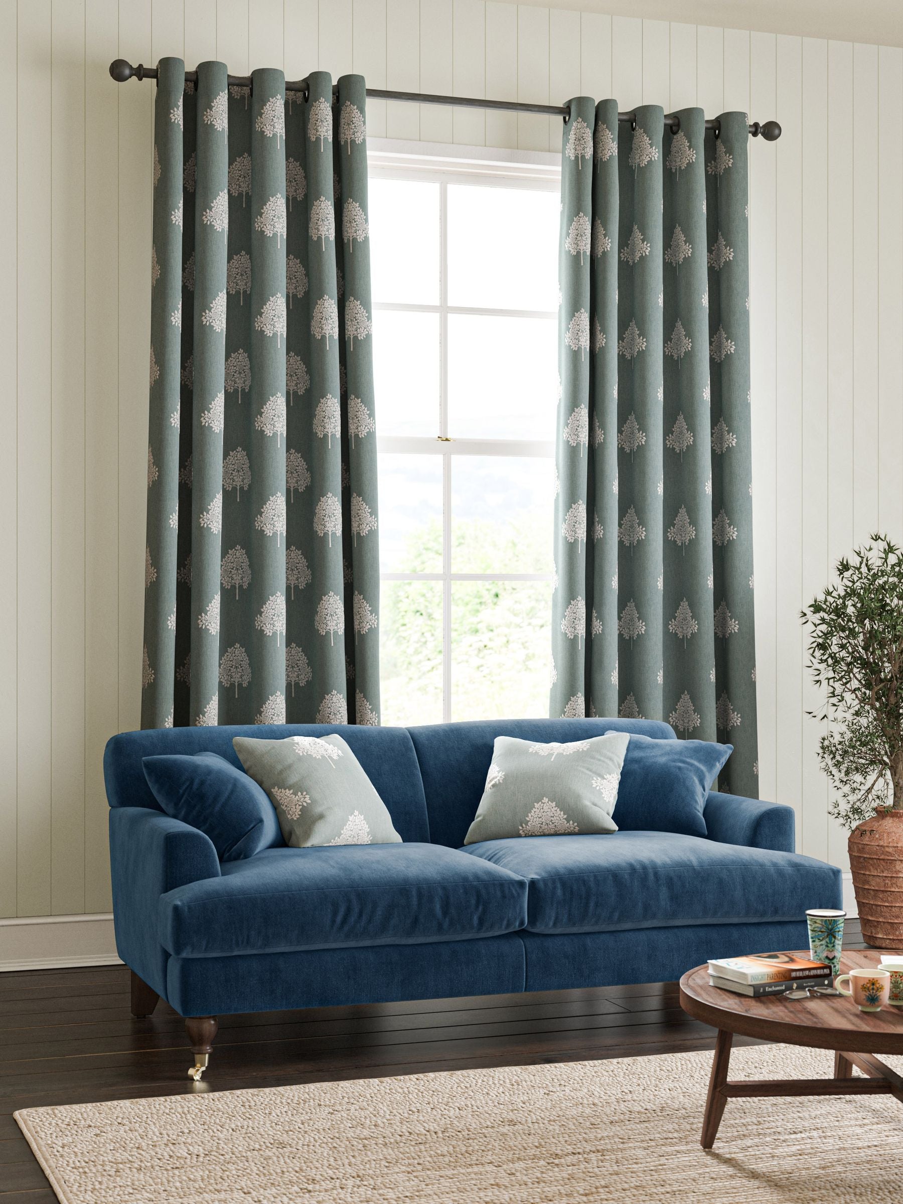 William Morris curtains with Blue Marigold tree embroidery, imported from the UK