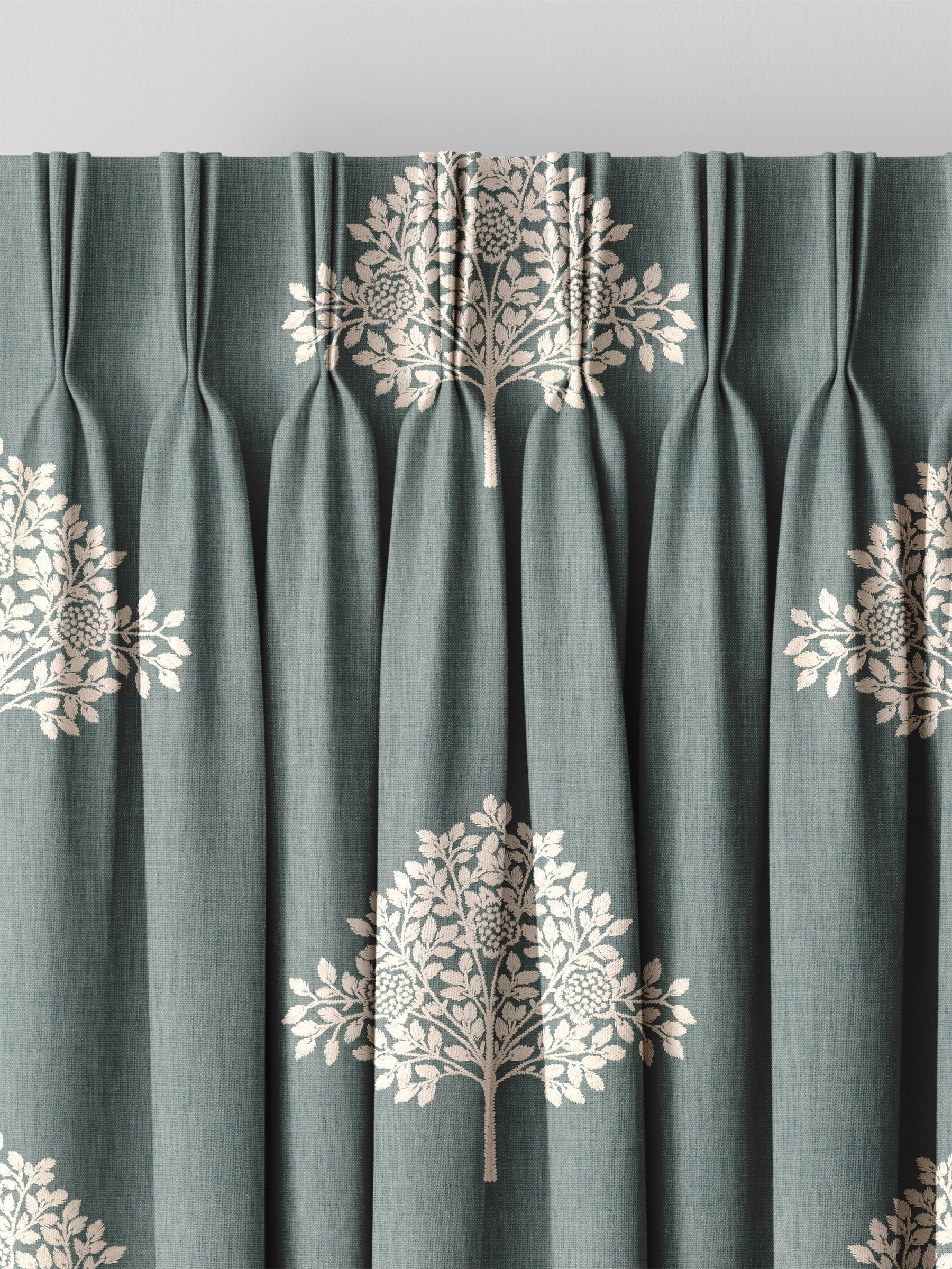 William Morris curtains with Blue Marigold tree embroidery, imported from the UK