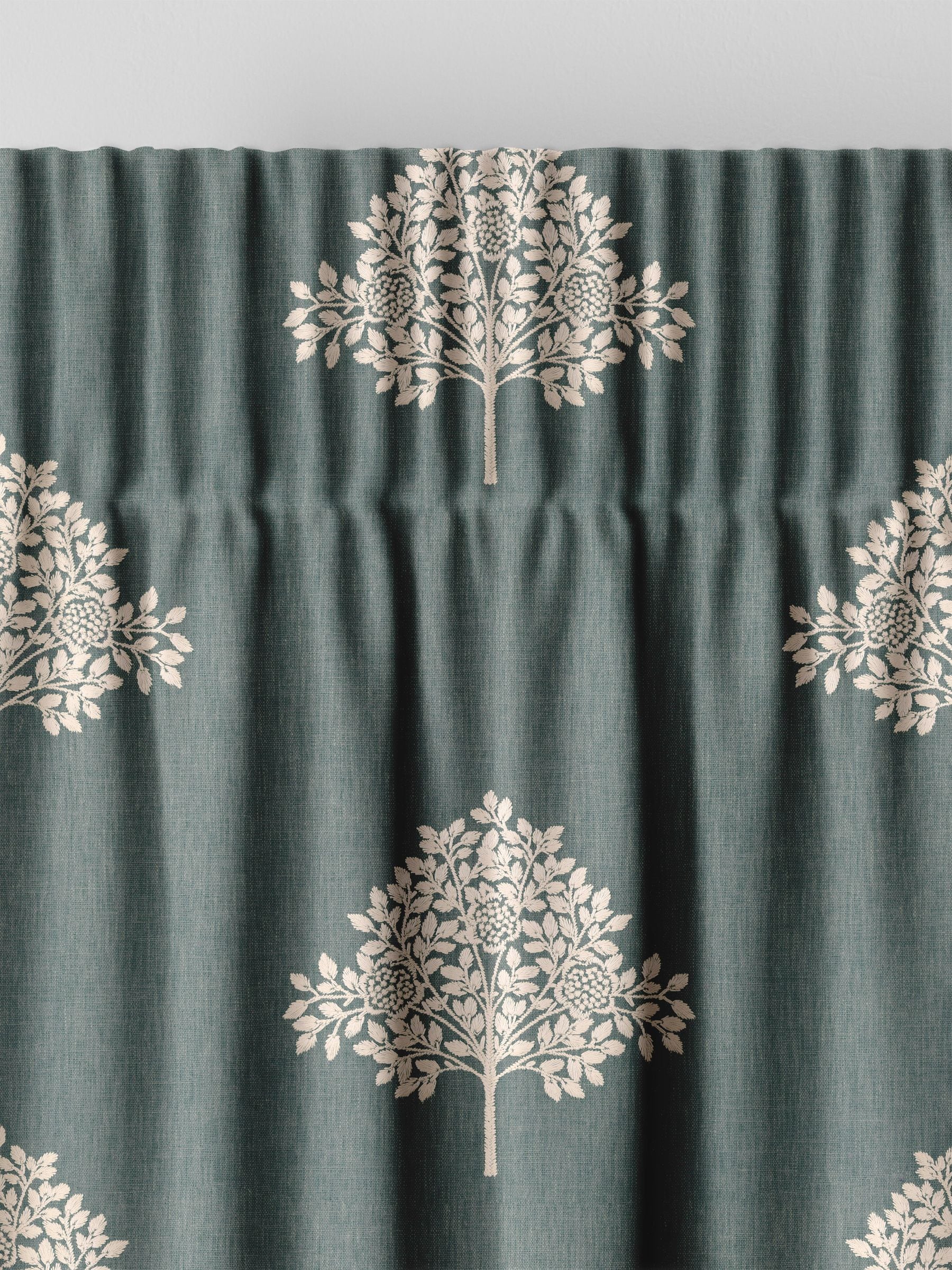 William Morris curtains with Blue Marigold tree embroidery, imported from the UK