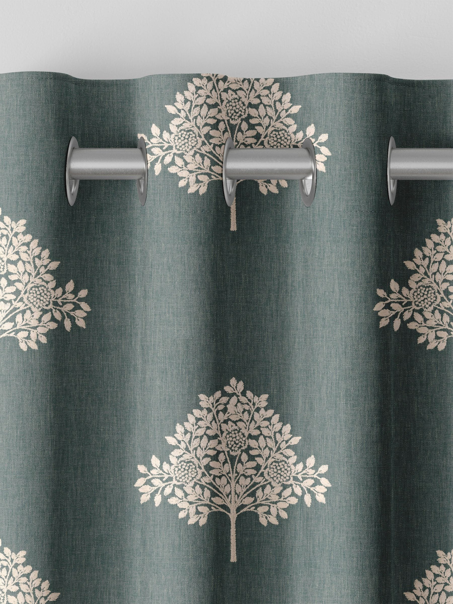 William Morris curtains with Blue Marigold tree embroidery, imported from the UK