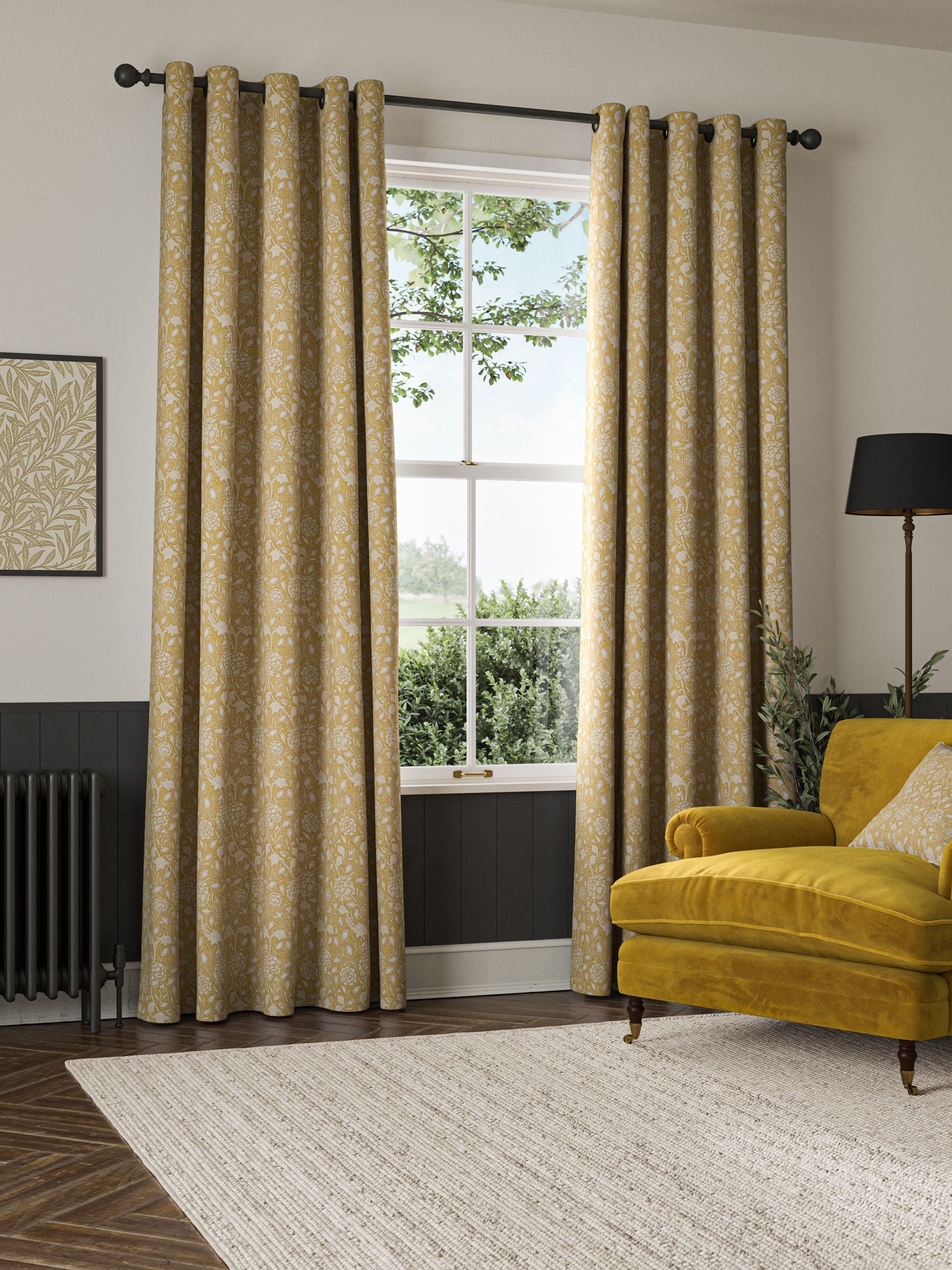 William Morris Wild Tulip Ochre Yellow curtains, imported from the UK