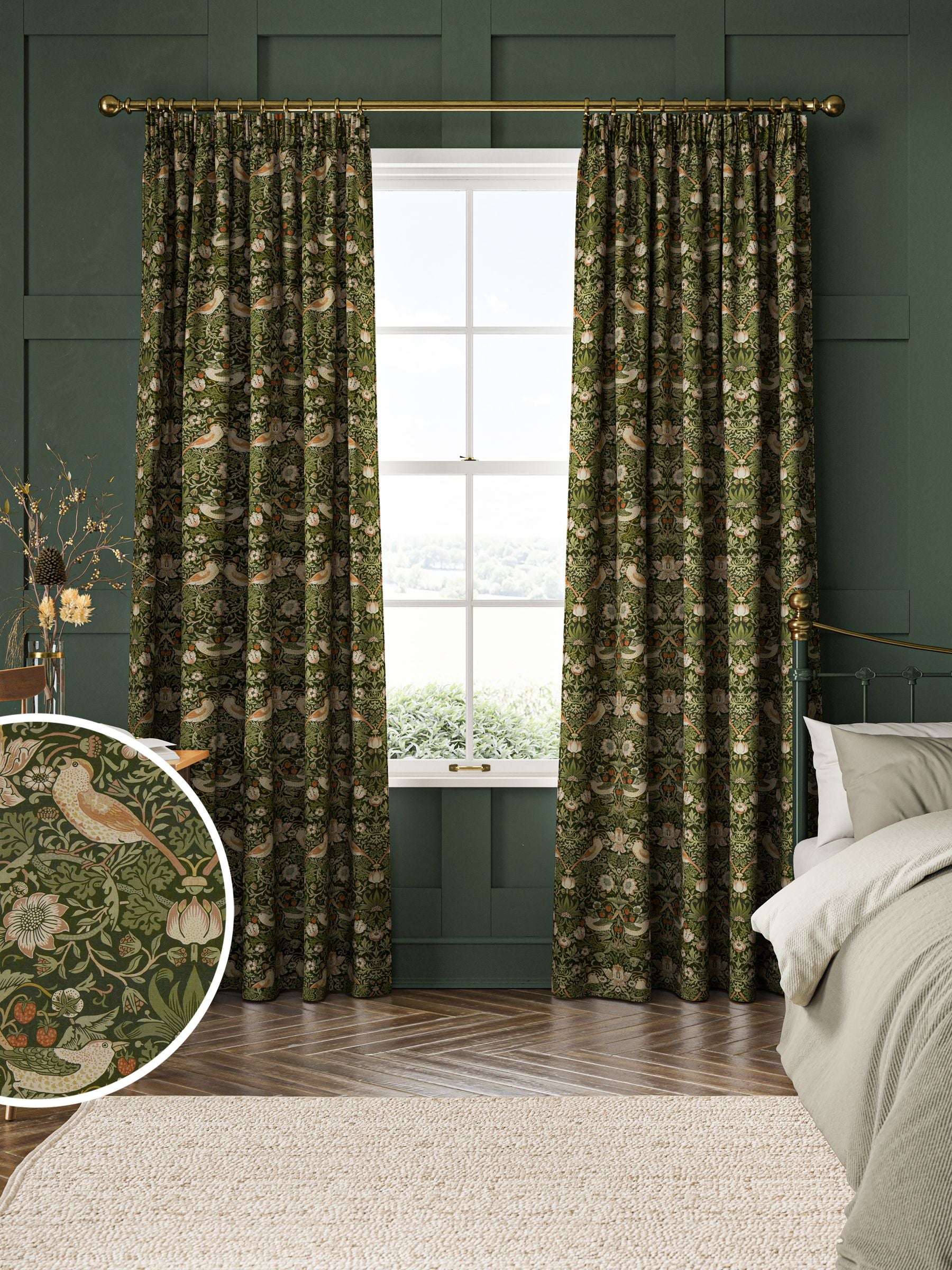 William Morris Green Strawberry Thief made to measure curtains, UK version